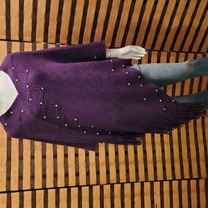 NWT! Plum poncho knit with diamonds & fringe